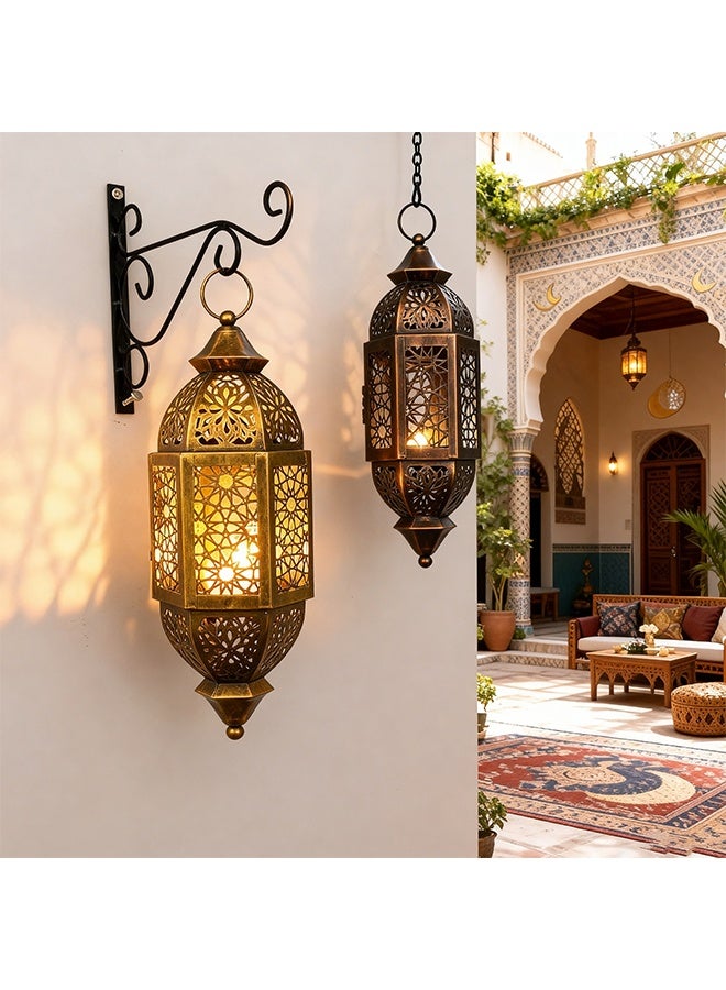 طقم من قطعتين - تركيبات إضاءة رمضان وفانوس مجوف بإضاءة الشموع - حرف يدوية على الطريقة المغربية، ديكور منزلي قديم الطراز مناسب للداخل والخارج وللإهداء - Image 1